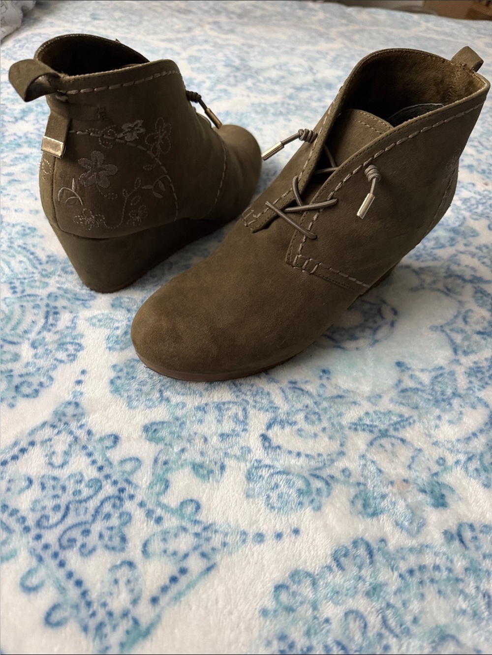 Olive Suede Slip-On Wedge Ankle Booties with Embroidered Heel